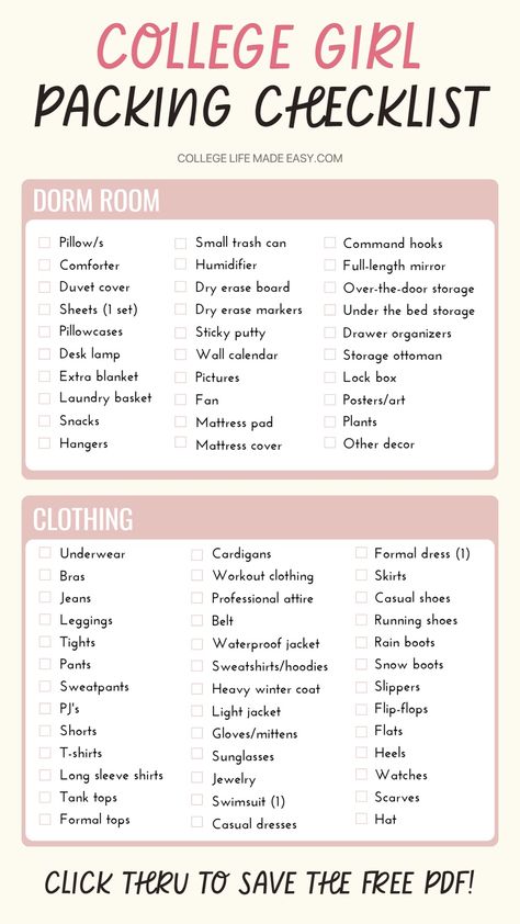 College Girl Packing Checklist for Freshman year, click thru to save the free PDF! List For College Freshman, Moving To Dorm Checklist, College Move In Checklist Dorm Room, Dorm Room Ideas University Uk, How To Pack For College, Dorm Room Checklist Freshman Year, College List Packing Freshman Year, College Dorm Essentials Freshman Year, College Dorm Checklist Freshman Year