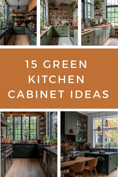 Stylish inspo and ideas for green kitchen cabinets to give your kitchen a farmhouse look. Kitchen Cabinets For White Walls, Green Cabinets Bottom White Top, Kitchen Cabinets In Green, Green Kitchen With Dark Countertops, Green Cabinets Bronze Hardware, Kitchen Flooring With Green Cabinets, Kitchen Interior Design Green, Kitchen With Bottom Cabinets Only, Frosted Fern Kitchen Cabinets