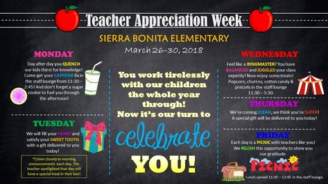 Teacher Appreciation Week Ideas - Party Ideas for Real People Lunch Schedule, Teacher Appreciation Week Ideas, Appreciation Week Ideas, Teacher Appreciation Door Decorations, Teacher Appreciation Lunch, Teacher Appreciation Week Themes, Teacher Appreciation Doors, Morning Announcements, Printable Schedule