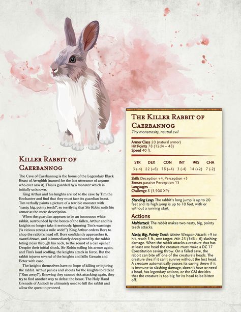 Killer Rabbit of Caerbannog | New Monster for Fifth Edition | DM Dave on Patreon Rabbit Oc, Rabbit Of Caerbannog, Dungeons And Dragons Races, Dnd Stats, Dungeon Master's Guide, Dungeons And Dragons 5e, D D Monsters, Dnd 5e Homebrew, Dnd Dragons