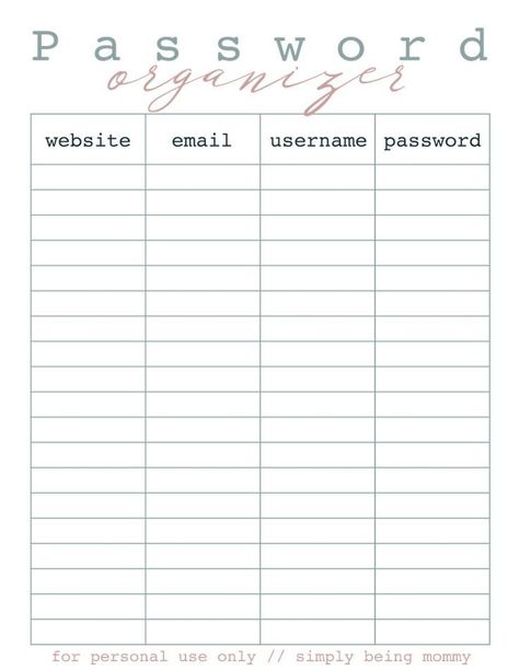 Office Planner Printables, Bullet Journal Password Page, Printable Organization Sheets, Cute Things To Print, Password Organization, Organizer Printables, Password Template, List Organization, Printable Organization