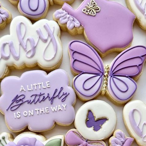 Danielle’s Delectables on Instagram: "A little butterfly is on the way!🦋💜 . . . #butterflybabyshowercookies #butterflybabyshower #butterflycookies #cookiedecorating #njbaker #njcookies" Butterfly Inspired Food, Little Butterfly Baby Shower Theme, Butterfly Baby Shower Treats, A Little Butterfly Is On Her Way Theme, Butterfly Kisses Baby Shower Theme, Purple Baby Shower Ideas Decoration, A Little Butterfly Is On Her Way, Purple Butterfly Baby Shower Theme, Butterfly Baby Shower Cookies