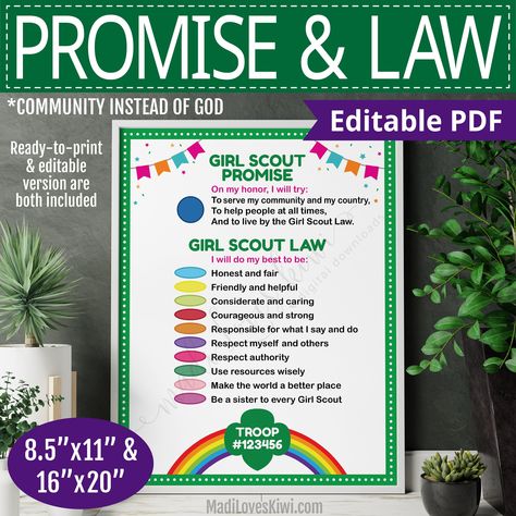 "This version says Community instead of God This printable Girl Scout Promise and Girl Scout Law Poster is the perfect wall decor for your troop meetings. If you want to personalize this Girl Scout sign with your troop number, you can change the text on the trefoil in the 8.5x11 editable PDF before printing. You also get ready to print versions in the 8.5x11 and 16x20 sizes.  Please note that these printables are for your troop. ｡･ﾟﾟ･DIGITAL FILE･ﾟﾟ･｡☆｡･ﾟﾟ･DIGITAL FILE･ﾟﾟ･｡☆｡･ﾟﾟ･DIGITAL FILE･ﾟﾟ･ Law Poster, Girl Scout Promise, Scout Law, Girl Scout Law, Girl Scout Troop Leader, Meeting Activities, Troop Leader, Daisy Scouts, Daisy Petals