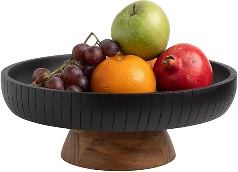 Amazon.com | LAVAUK Mango Wood fruit bowl, Decorative black bowl with natural finish pedestal | 12" dia | Dual tone look | Use as Centerpiece for kitchen counter or dining table (Black): Centerpiece Bowls Tureen Centerpiece, Wood Fruit Bowl, Buffet Plates, Wood Fruit, Ceramic Mixing Bowls, Wooden Fruit Bowl, Wooden Salad Bowl, Black Bowl, Mango Fruit