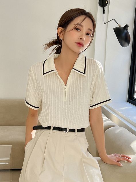 Beige Casual Collar Short Sleeve Fabric Striped  Embellished Medium Stretch  Women Tops, Blouses & Tee Half Zip Shirt Outfit, Skincare Shoot, Polo Shirt Outfit Women's, Half Zip Shirt, Polo Shirt Outfits, Polo Outfit, Polo Blouse, Typography Shirts, Half Sleeve Tops