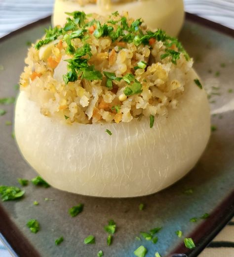 Turnips Recipe, Starch Solution Recipes, Turnip Recipes, Vegan Thanksgiving Dinner, Millet Recipes, Vegan Baked, Vegan Entree, Going Vegetarian, Turnips