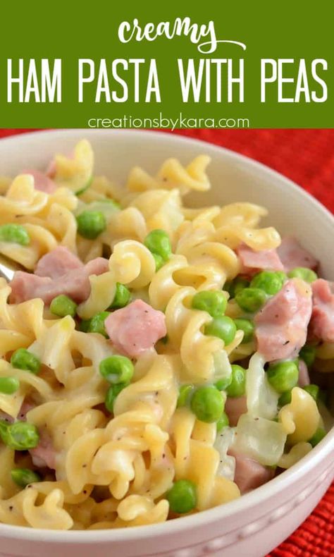 Looking for a quick dinner recipe? This Creamy Ham Pasta fits the bill! A tasty way to use leftover ham, and it's ready in 30 minutes. #hampasta #leftoverham @Creations by Kara Recipes With Cubes Ham, Recipe With Ham Leftovers, Leftover Ham Recipes Freezer, Ham Noodles And Peas, Leftover Ham And Rice Recipes, Slice Ham Recipes Dinners, Tinned Ham Recipes, Ham And Egg Noodles Recipes, Diced Ham Pasta Recipes