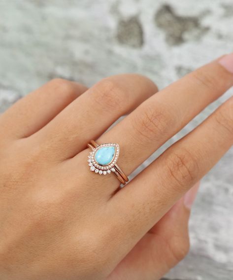 Turquoise Engagement Ring Set Rose Gold Vintage Pear Shaped | Etsy Western Engagement Rings, Turquoise Diamond Ring, Western Wedding Rings, Bride Era, Turquoise Engagement Ring, Turquoise Diamond Rings, Turquoise Wedding Rings, Boho Engagement Ring, Western Rings