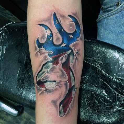 Browning Deer Tattoo, Country Boy Tattoos, Bow Hunting Tattoos, American Flag Sleeve Tattoo, Deer Tattoos, Deer Skull Tattoos, Deer Tattoo Designs, Tattoo Homme, Bow Tattoo Designs