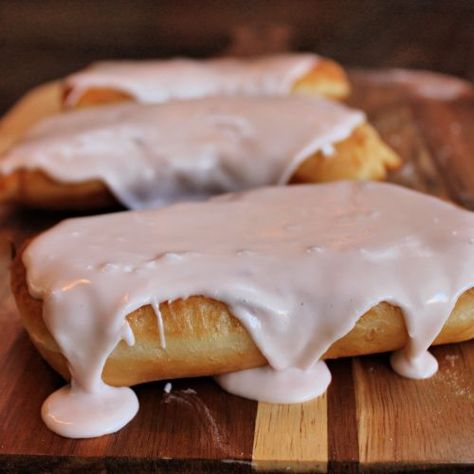 Long John Donuts - Made It. Ate It. Loved It. Gluten Free Long John Donut Recipe, Long John Doughnut Recipe, Long John Donuts, Maple Donuts Recipe, Long John Donut, Cinnamon Sticky Buns, Raised Donuts, Batch Baking, Baked Donut