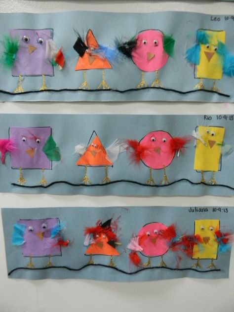 Birds on a Wire: Shape match art activity Bird Preschool Activities Art Projects, Bird On A Wire Art, Activities On Birds For Preschoolers, Shape Birds Preschool, Fish And Bird Crafts Preschool, Pre K Bird Craft, Bird Activities Preschool Art, Bird Craft Kindergarten, Birds Prek Activities