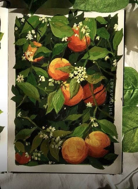 Green And Brown Painting Aesthetic, Oranges Gouache Painting, Guache Fruit Painting, Orange Gouache Painting, Quash Painting Ideas, Gouche Painting Reference, Guache Art Gouache Painting Aesthetic, Easy Paint Canvas, Black Paper Drawing Colored Pencils