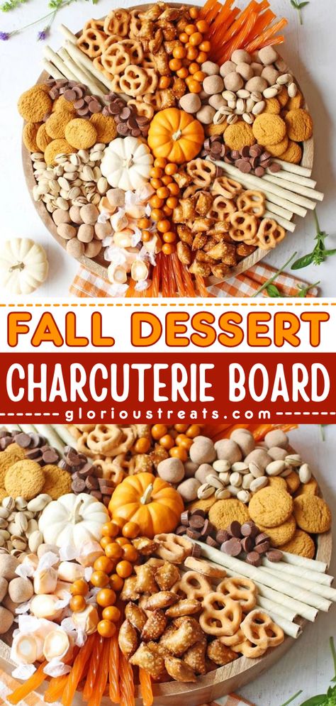 Out of simple Fall food ideas? Make a beautiful Fall Dessert Charcuterie Board! Create this impressive tray filled with sweet and salty treats for easy entertaining all through the holiday season! Pin this easy Fall recipe. Thanksgiving Candy Charcuterie Board, Fall Themed Party Food Ideas, Dessert Thanksgiving Charcuterie Board, Thanksgiving Tray Food, Thanksgiving Snack Tray, November Snack Ideas, Fall Cookie Charcuterie Board, Desert Charcuterie Board Thanksgiving, Thanksgiving Dessert Board Ideas