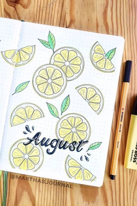 July Journal Cover, Bullet Journal July Cover, Lemon Bullet Journal, July Bullet Journal Cover, Monthly Cover Ideas, Seni Mural, Bullet Journal Headers, Crazy Laura, Monthly Journal