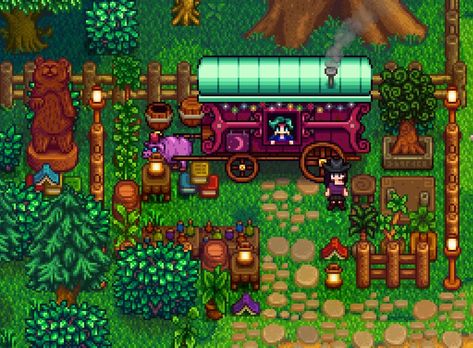 I decorated the area around the travelling cart in stardew and I love how it looks!(⁠◍⁠•⁠ᴗ⁠•⁠◍⁠) Stardew Valley Train Station Design, Stardew Valley Fair Grange Display, Stardew Valley Bookseller, Stardew Valley Traveling Cart Design, Stardew Sewing Recipes, Stardew Valley Town Design, Stardew Valley Path Design, Stardew Town Decor, Stardew Valley Crafting Area