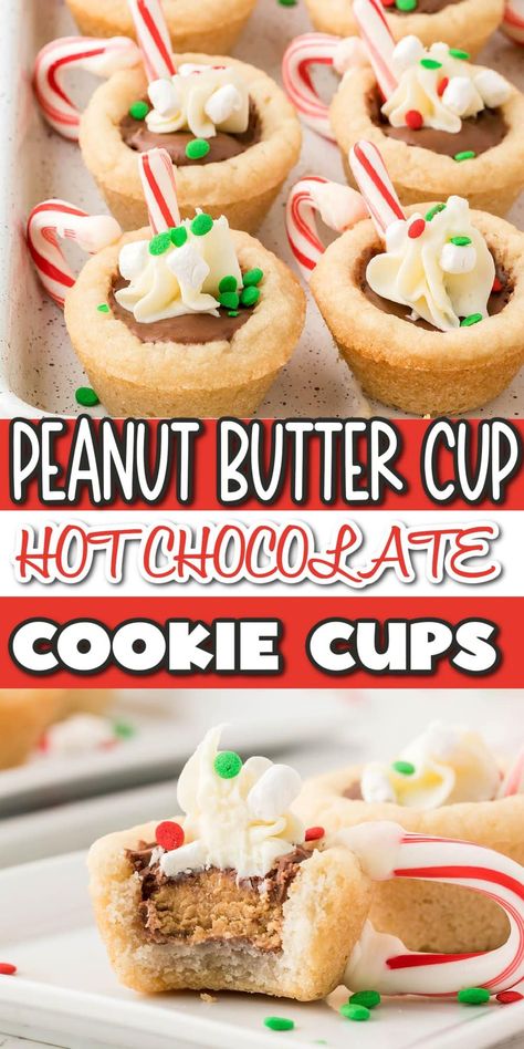 Hot Chocolate Cookie Cups Recipe, Hot Chocolate Cookie Cups, Hot Chocolate Cookie, Chocolate Cookie Cups, Gift Treats, Hot Chocolate Cookies Cups, Peanut Butter Hot Chocolate, Sugar Cookie Cups, Cookie Cups Recipe