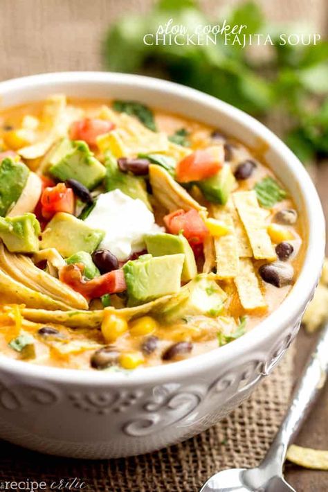 Fajita Soup Recipe, Fajita Soup, Chicken Fajita Soup, The Recipe Critic, Recipe Critic, Chicken Fajita, Crock Pot Soup, Tortilla Soup, Slow Cooker Soup