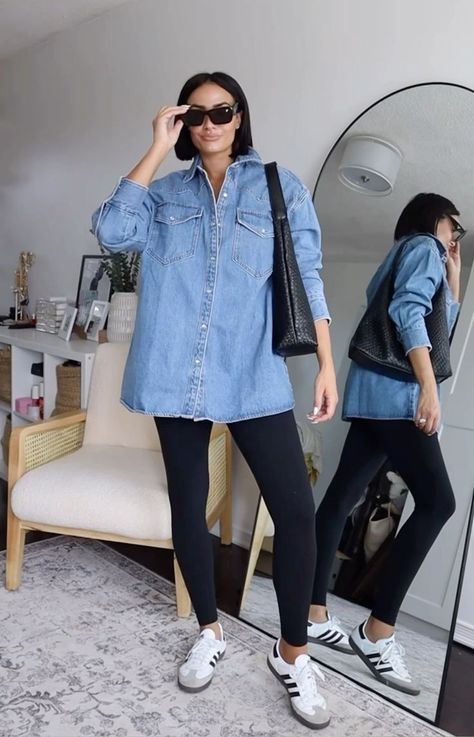 Legging Ideas Outfits, Outfit Ideas For Movie Theater, Sambas Work Outfit, Saturday Outfit Ideas, Denim Shirt Outfits, Kemeja Denim, Outfits Leggins, Denim Shirt Outfit, Looks Adidas