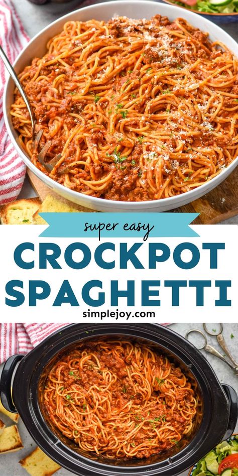 Spaghetti Crockpot Recipes, Spaghetti Crockpot, Easy Meat Sauce, Crock Pot Spaghetti, Easy Slow Cooker Dinner, Fall Crockpot, Crockpot Spaghetti, Slow Cooker Pasta Recipes, Crockpot Pasta Recipes