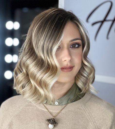 Asymmetrical Lob with Hollywood Waves Long Bob Hollywood Waves, Wedding Waves Short Hair, Hollywood Waves Shoulder Length Hair, Mermaid Wave Short Hair, Hollywood Waves Bob Hair, Glam Curls Short Hair, Medium Length Waves Wedding, Short Hair Glam Waves, Shoulder Length Hollywood Waves