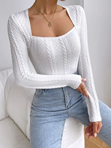 Square Neck Cable Knit Bodysuit Cute Long Sleeve Outfits, Body Shirt, Bodysuit Outfit, Body Manga Longa, Square Neck Bodysuit, Joe Jonas, Knit Bodysuit, White Bodysuit, Chic Outfit