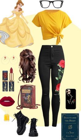 Princess Bell Inspired Outfits, Disney Princess Outfit Ideas Casual, Princess Diaries Disneybound, Disneyland Inspired Outfits, Disney World Bounding Outfits, Disney Character Inspired Outfits Casual, Auradon Prep Aesthetic Outfits, Bell Inspired Outfit Disney, Belle Bounding Outfits