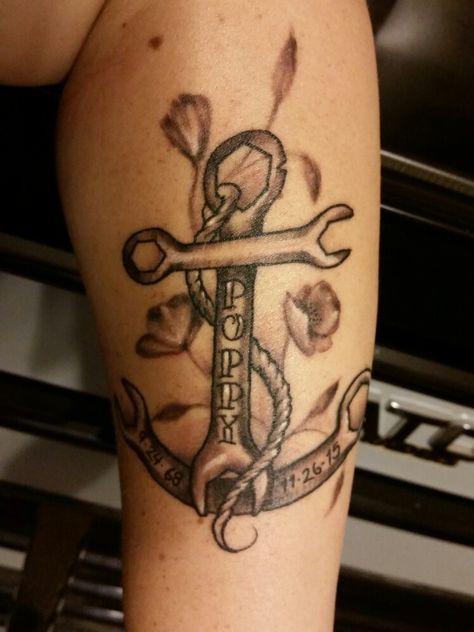 Anchor wrench tattoo with poppy flower background  For my Dad 💙😇 Grandfather Memorial Tattoos, Wrench Tattoo, Rip Tattoos For Dad, Tribute Tattoo, Rip Tattoo, Tribute Tattoos, Mechanic Tattoo, Anchor Tattoos, Anchor Tattoo