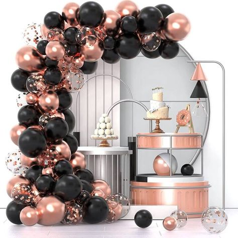 120pcs Black Rose Gold Metallic And Confetti Latex Balloons Garland Arch Kit For Graduation, Birthday, Wedding, Anniversary, Celebrations, Party Decoration | SHEIN USA Black And White Party Decorations, Masquerade Gala, Gold Birthday Party Decorations, White Party Decorations, Rose Gold Party Decor, Wedding Anniversary Celebration, Rose Gold Party, Garland Arch, Black Balloons