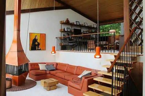 Retro Ski Lodge Decor, Mid Century Ski Chalet, 70s Ski Lodge, 70s Ski Chalet, Orange Fireplace, Ski Chalet Decor, 70s Ski, Chalet Decor, 70s Interior Design