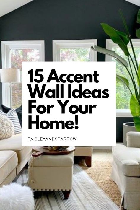 Here are 15 ideas for accent walls in your home! Paint, shelves, shiplap, and more - create a focal point in a bedroom, living room, or office! Small Livingroom Ideas On A Budget Color Schemes Accent Walls, Light Color Accent Wall Living Room, One Accent Wall Living Room, Coloured Feature Wall Living Room, Painting One Wall In Living Room, Accent Wall White Living Room, Painted Feature Wall Living Room, Family Room Shelves Decor, Focal Point Wall Ideas