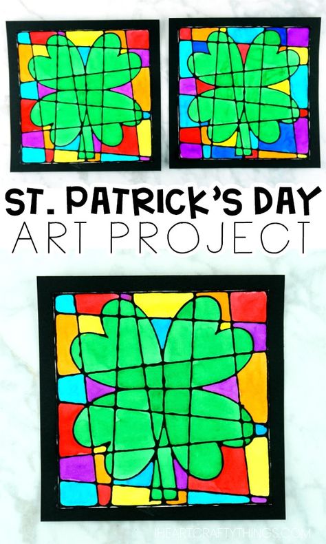 St. Patrick's Day Art Project for Kids Black Glue Art Projects For Kids, Saint Patrick Art, Black Glue Art, St Patrick's Day Art, Clover Craft, Sant Patrick, Shamrock Art, March Art, Art Elementary