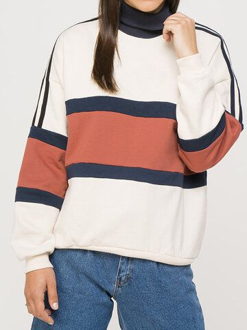 High Neck Pullover, Half Shirt, Trendy Sweater, Women Hoodies, Striped Sweatshirts, Casual Stylish, Red And White Stripes, Sweatshirt Designs, Casual Sweatshirt