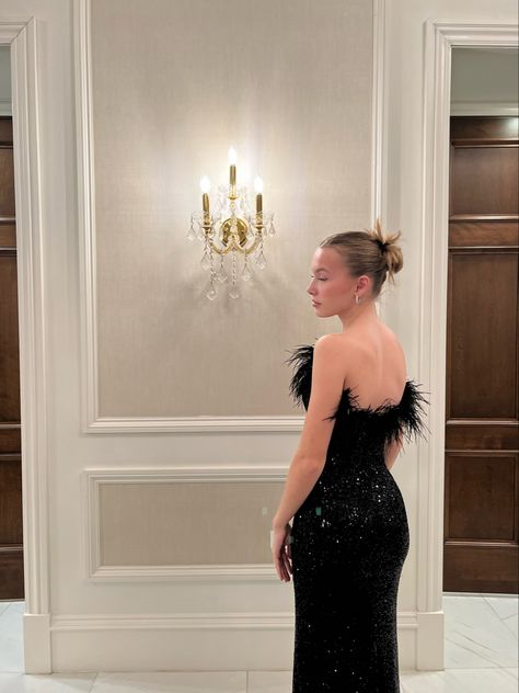 Black Feather Dress Aesthetic, Black Prom Dress Feather, Black Prom Dresses Feathers, Feathered Prom Dress Long, Black Masquerade Dress Long, Feathers Prom Dress, Ball Dress Photoshoot Ideas, Black Glitter Dress Aesthetic, Black Feathers Dress