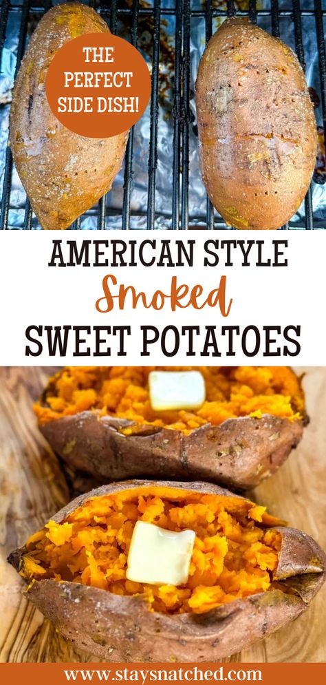 Sweet Potato Traeger, Grilling Ideas For Fall, Smoked Meat On Pellet Grill, Sweet Potato Smoker Recipes, Traeger Side Dish Recipes, Trager Grill Side Recipes, Grilling Sweet Potatoes, Healthy Pellet Smoker Recipes, Traeger Sweet Potatoes