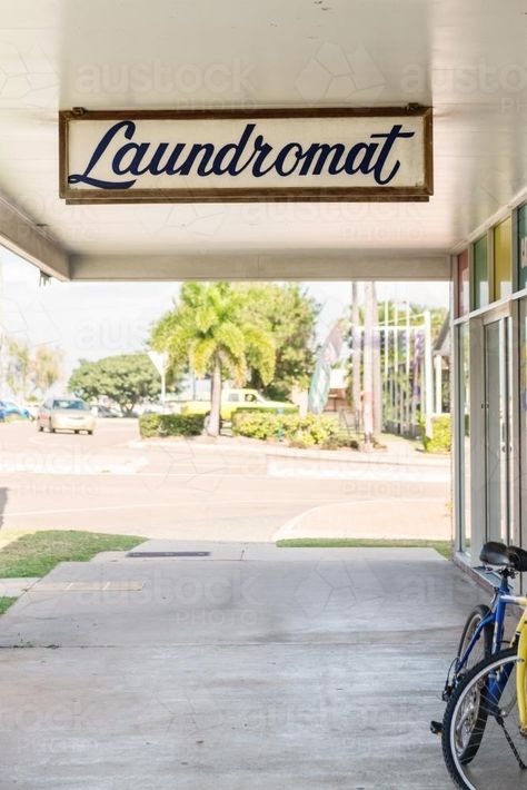 Old fashioned laundromat sign and empty footpath : Austockphoto Laundromat Signage, Laundromat Sign, Vintage Laundromat, Laundromat Design, Laundromat Ideas, Laundromat Business, Laundry Logo, Dollhouse Art, Laundry Business