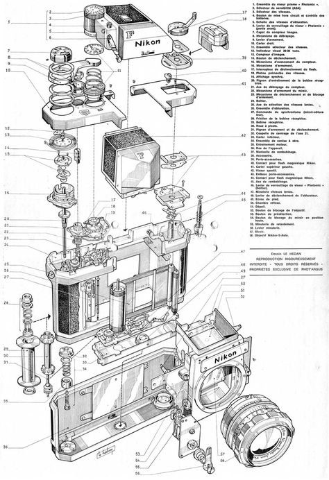 Enjoy the mechanical schematics of those old Nikon F film cameras Fotocamere Vintage, Camera Drawing, Dslr Photography Tips, Exploded View, Reflex Camera, Camera Aesthetic, Technical Illustration, Camera Photos, Old Cameras