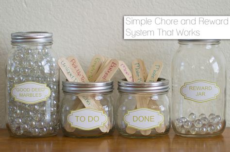 Crafts with Jars: Jar Chore and Reward System Behavior Chart Toddler, Chore Rewards, Reward System For Kids, Marble Jar, Reward Jar, Toddler Behavior, Kids Rewards, Chore Charts, Behaviour Chart