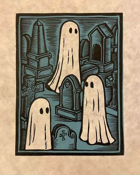 Graveyard Halloween, Ghost Drawing, Linoleum Print, Linocut Printmaking, Lino Art, Lokta Paper, Relief Printing, Linocut Art, Halloween Spooky