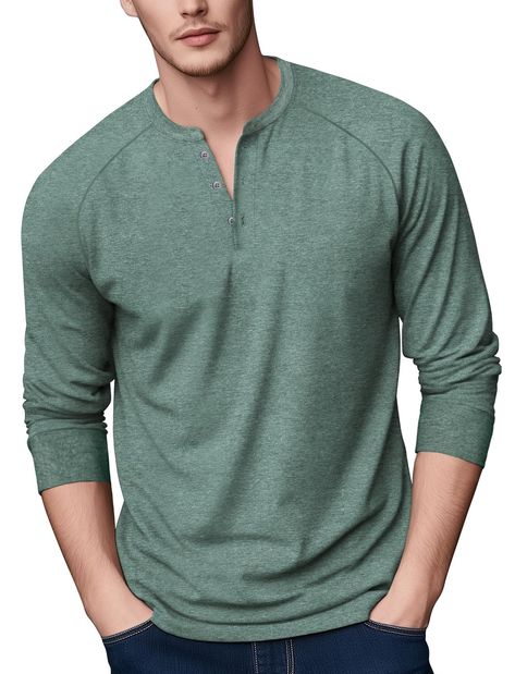 PRICES MAY VARY. Fabric: Soft cotton blended stretch jersey. 58%COTTON 37%POLYESTER 5%SPANDEX(NOT 100 COTTON).Breathable and skin-friendly fabric brings you comfort wearing. Machine wash cold with like colors.DO NOT tumble dry at high temperature. Form-fitting:Our Model (6'2 ft./163 lbs. Chest 41.3"-Waist 32.3"-Hip 37.8".) wears size M. Please check attached picture of garment size chart before order. Details: Casual Henley shirts for men, raglan long sleeves,3 buttons, scoop-hem. Rib collar to Minimalism Outfit, Henley Shirt Men, Mens Henley, Raglan Tee, Henley Shirts, Shirts For Men, High Temperature, Shirt Sleeves, Mens Tees