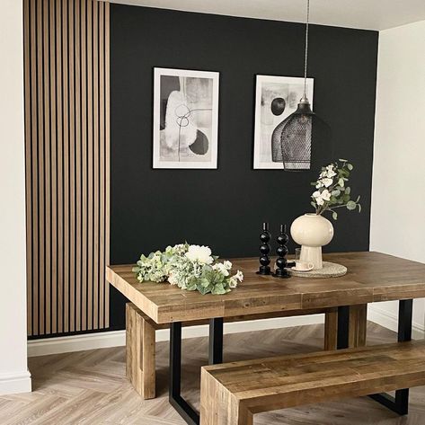 Iconic Lights on Instagram: “⁠Wooden texture: for warmth and character⁠ ⁠ 📷 @home_with_mommyj123” Wooden Slat Wall, Black Walls Bedroom, Wood Wall Panels, Wood Slat Wall, Dinning Room Design, Wood Dining Room, Wooden Wall Panels, Wooden Texture, Wall Home Decor