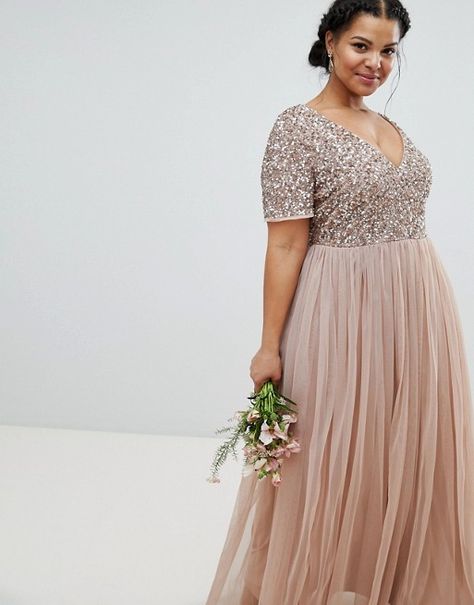 Maya Plus | Maya Plus v neck maxi tulle dress with tonal delicate sequins Stunning Bridesmaid Dresses, Bridesmaid Dresses With Sleeves, Plus Size Bridesmaid, Plus Size Formal, Plus Size Formal Dresses, Vestido Plus Size, Bridal Shower Dress, Bridesmaid Dresses Plus Size, Bridal Party Dresses