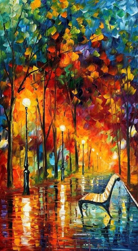 One of my favorites Poster Colour Painting Artworks, Park Bench Painting, Afremov Paintings, Bench Painting, Leonid Afremov, Modern Art Decor, Street Lights, Abstract Canvas Painting, Light Painting