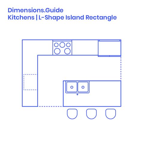 L-Shape Kitchen Islands (Rectangle) are common kitchen layouts that use two adjacent walls, or an L configuration, to efficiently array the various kitchen fixtures around a rectangular island counter. L-Shape Kitchen Island designs provide increased space and surfaces for kitchen activities. A minimum clearance aisle of 3’6” (1.07 m) is required in front of an L-Shape layout, with recommended widths from 4’-6’ (1.2-1.8 m). L-Shape Kitchen Islands have long linear lengths that range from 8’-... Long L Shaped Kitchen With Island, L Shape Kitchen With Island, Rectangle Kitchen Layout, Island Dimensions, L Shape Kitchen, Kitchen Island Dimensions, Kitchen Island Designs, L Shaped Island, Kitchen Activities