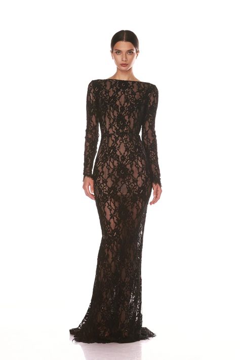 70s Lace Dress, Black Gown Elegant Classy, Long Black Lace Dress, 1920s Gown, Black Formal Dresses, Black Bridesmaid Dress, Black Lace Gown, Bronx And Banco, Gala Event