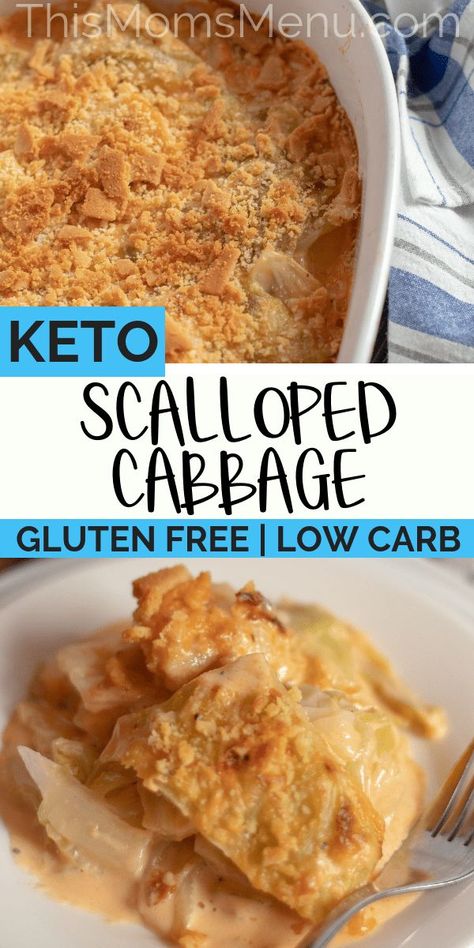 Scalloped Cabbage - Keto, low carb and gluten free side dish! This recipe for Scalloped Cabbage is a low carb twist on the classic southern side dish. #thismomsmenu #keto #ketosidedish #cabbage #lowcarbrecipes #ketorecipes #glutenfreerecipes Scalloped Cabbage, Cabbage Keto, Starch Recipes, Gluten Free Side Dish, Gluten Free Side, Keto Veggies, Keto Thanksgiving, Keto Sides, Gluten Free Sides Dishes