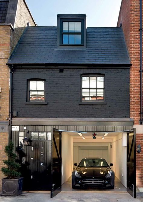 Mews House in London House Exterior Ideas, Black Houses, Mews House, Modern Garage, Exterior Ideas, House Goals, Facade House, Residential Architecture, Garage Door