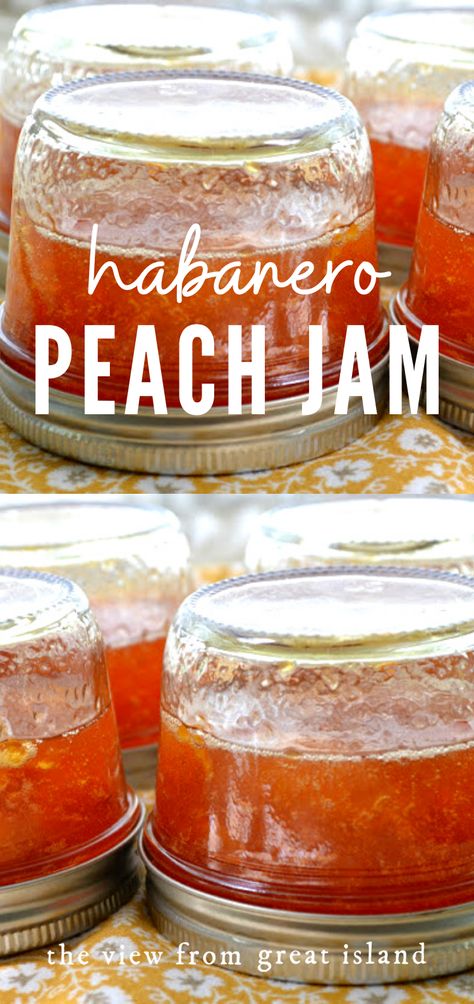 Habanero Peach Jam ~This hot pepper jam isn't for your morning toast, it's for the cocktail hour with cream cheese and crackers, it's positively addictive. #easy #recipe #jam #appetizer #hotpepper #jelly #habanero #jam #peach #jelly #summer #cheeseandcrackers #cheeseplate #cheeseboard Habanero Jelly Recipe, Peach Habanero Jam, Peach Pepper Jelly, Hot Pepper Jam, Jalapeno Jam Recipe, Freezer Jams, Preserves Recipes, Peach Jalapeno Jam, Habanero Jam