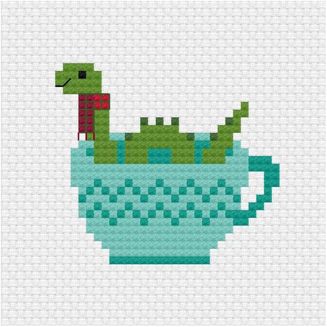 Loch Ness Cross Stitch, Cross Stitch Tea Cup, Animals In Cups, Tea Cup Cross Stitch, Tiny Cross Stitch Patterns, Monster Cross Stitch, Tea Cross Stitch Pattern, Tea Cross Stitch, Bookmark Cross Stitch Pattern