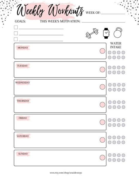 ♥ This Weekly Workout Fitness Planner PDF Template is not only pretty and functional but will keep you on track with your health and fitness goals. By simply writing down your goals you are more likely to create healthy habits and put them into action. Easily plan and log your weekly workouts so you know in advance what your week will look like. There is space to write down what your motivation is for the week Exercise Calendar, Workout Planner Printable, Weekly Workout Planner, Gym Planner, Body Revolution, Training Journal, Exercise Tracker, Workout Template, Fitness Planner Printable