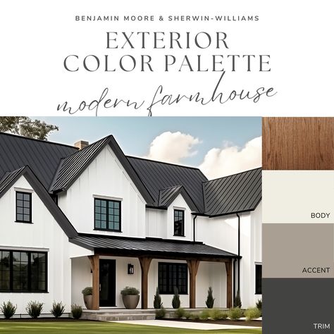 Elevate your home's exterior with our Modern Farmhouse Exterior Color Palette - an expertly curated collection of paint colors that can make your home the envy of the block! Delivered as a convenient digital download, this guide features handpicked Benjamin Moore and Sherwin-Williams paint colors, complete with names and codes, making it easy to achieve beautiful results, without the overwhelming trips to the paint store or endless online searches. Plus, you'll get insider tips for using the pal Exterior Paint Color Palette, Modern Farmhouse Exterior Colors, White Exterior Paint Colors, Moody Neutral, Farmhouse Exterior Colors, White Exterior Paint, Moody Modern, Exterior Color Palette, Farmhouse Paint Colors